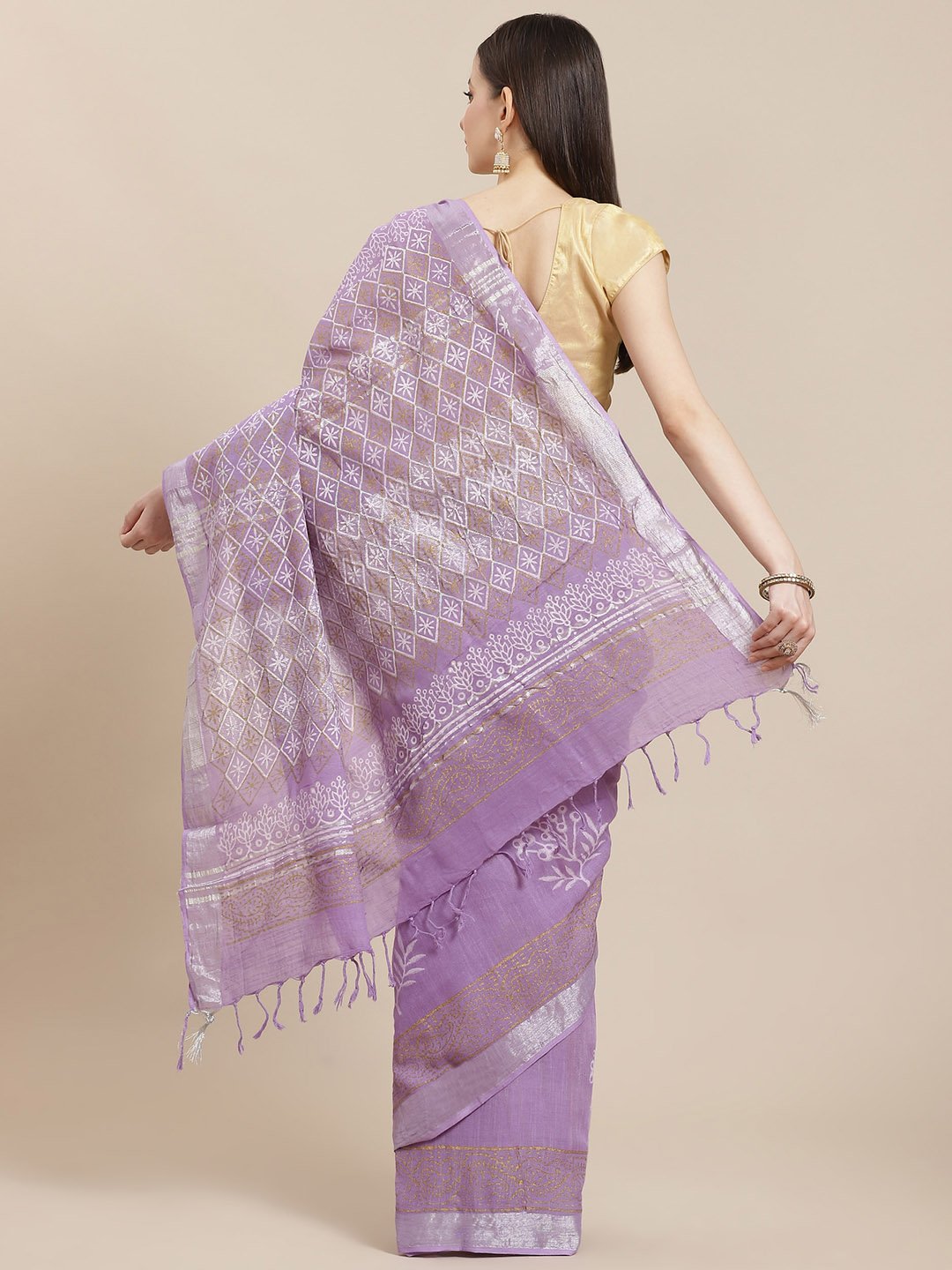 Block Printed Purple Saree