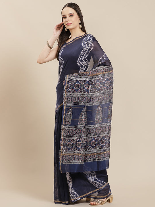 Block Printed Navy Blue Saree