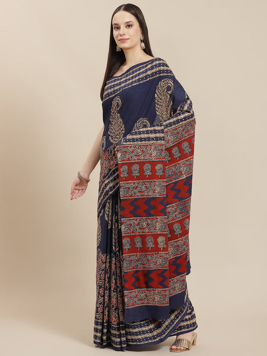 Block Printed Berry Blue Saree
