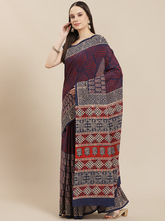 Block Printed Azure Blue Saree