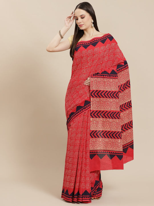 Block Printed Red Saree