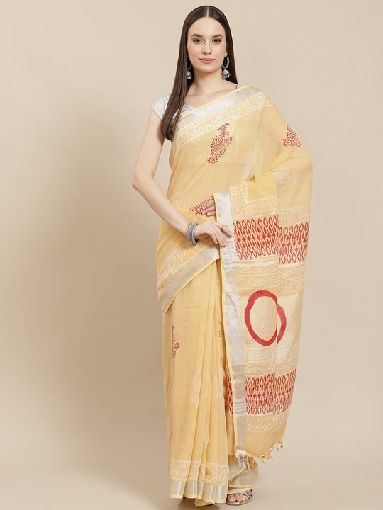 Block Printed Banana Yellow Saree
