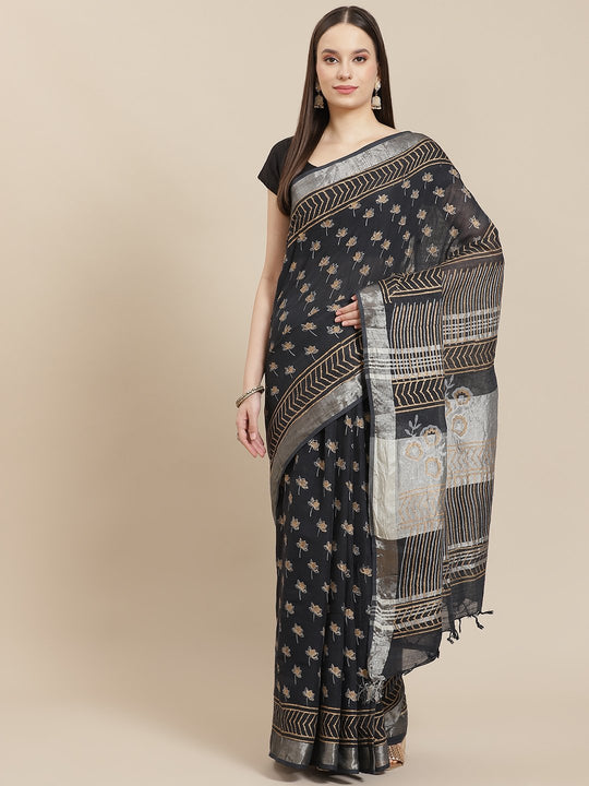 Block Printed Black Saree