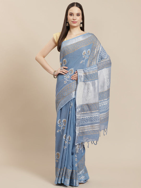 Cerulean Blue Saree With Golden Floral Motif