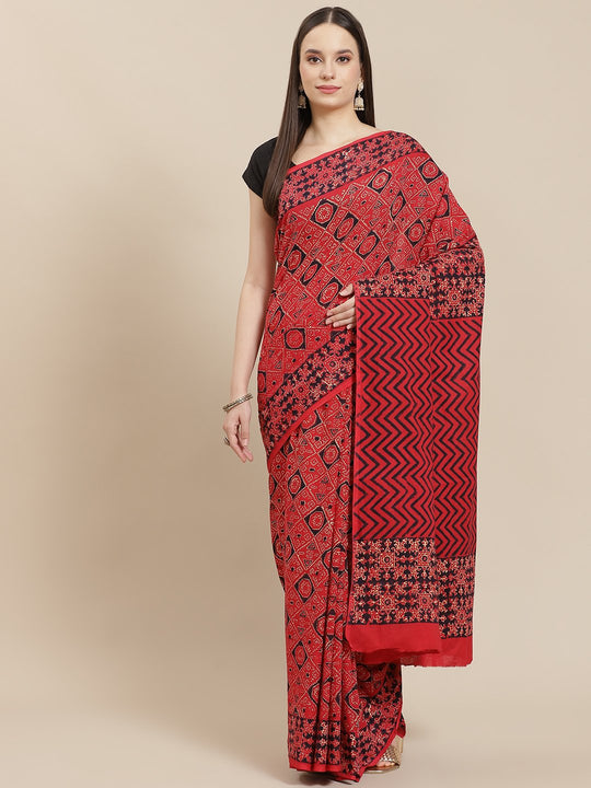 Block Printed Lipstick Red Saree