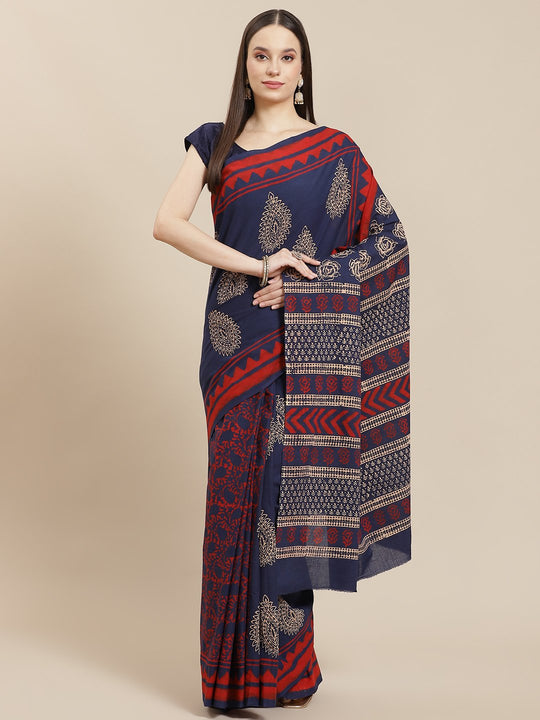 Block Printed Blue Saree
