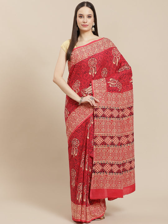 Block Printed Rosewood Red Saree