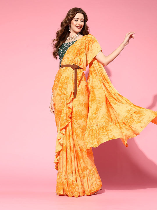Cyber Yellow Saree With Green Kantha Blouse