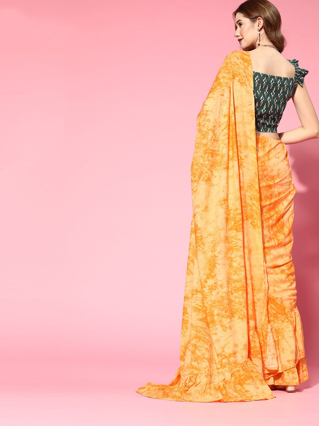 Cyber Yellow Saree With Green Kantha Blouse