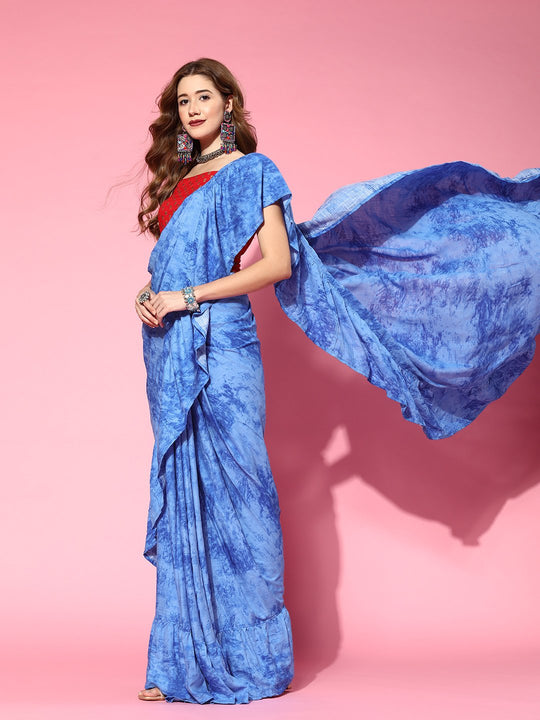 Lapis Blue Saree With Red Gold Print Blouse