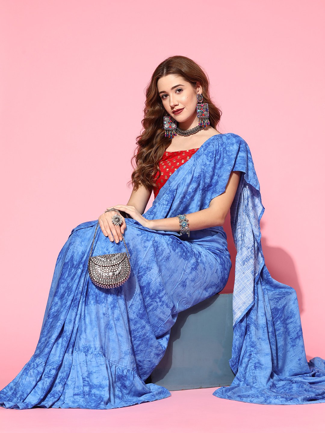 Lapis Blue Saree With Red Gold Print Blouse