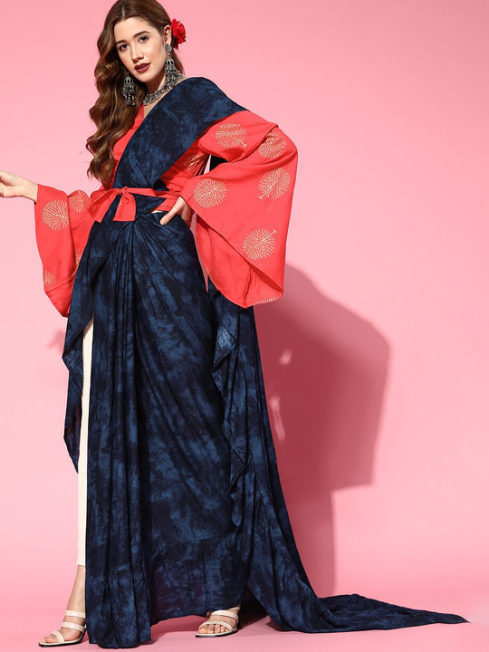 Peacock Blue Saree With Coral Pink Printed Blouse