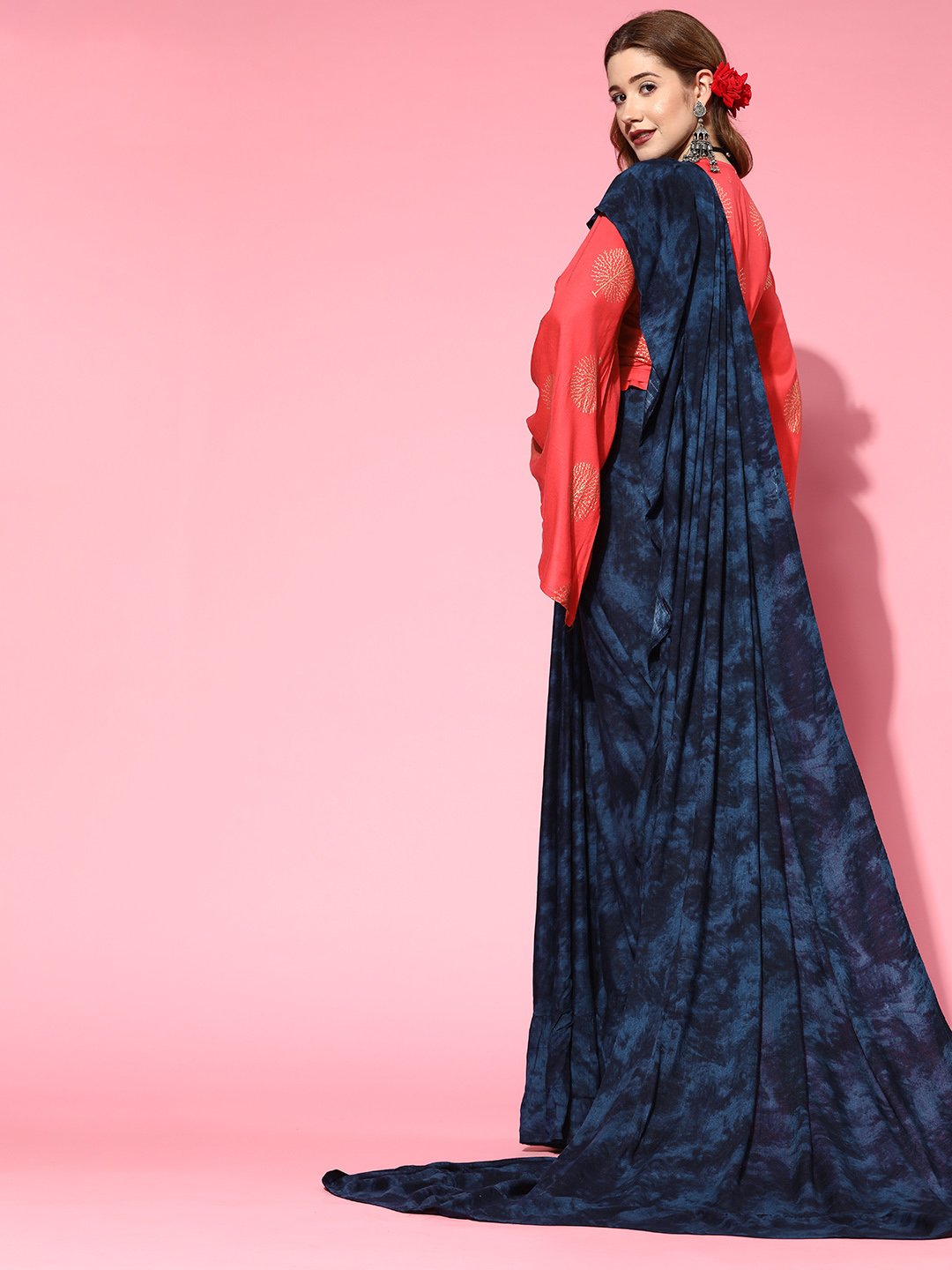 Peacock Blue Saree With Coral Pink Printed Blouse