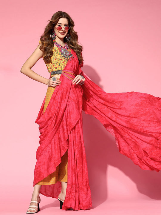 Rasberry Pink Saree With Yellow Printed Blouse