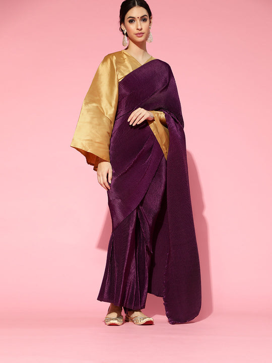 Wine Pleated Sharara Saree