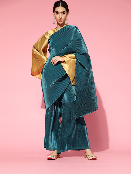 Teal Green Pleated Sharara Saree
