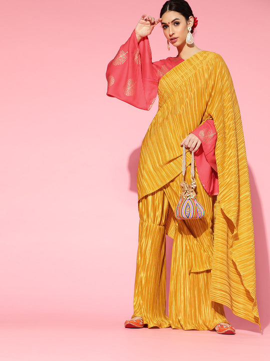 Mustard Pleated Sharara Saree