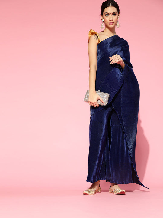 Navy Blue Pleated Sharara Saree