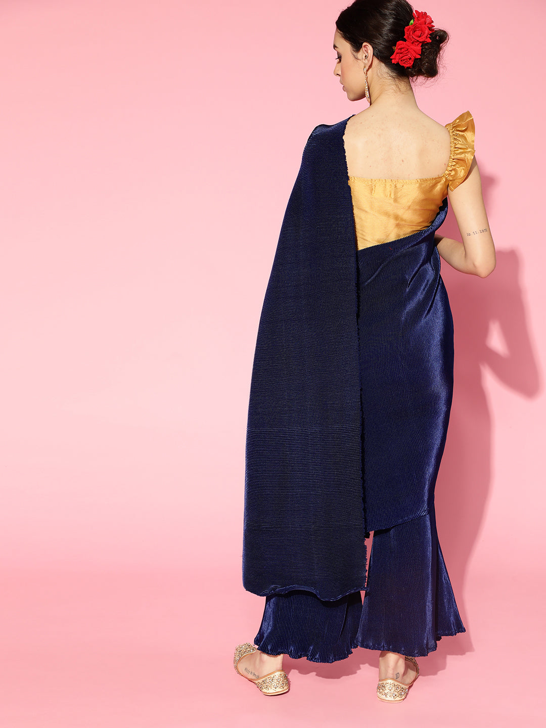Navy Blue Pleated Sharara Saree