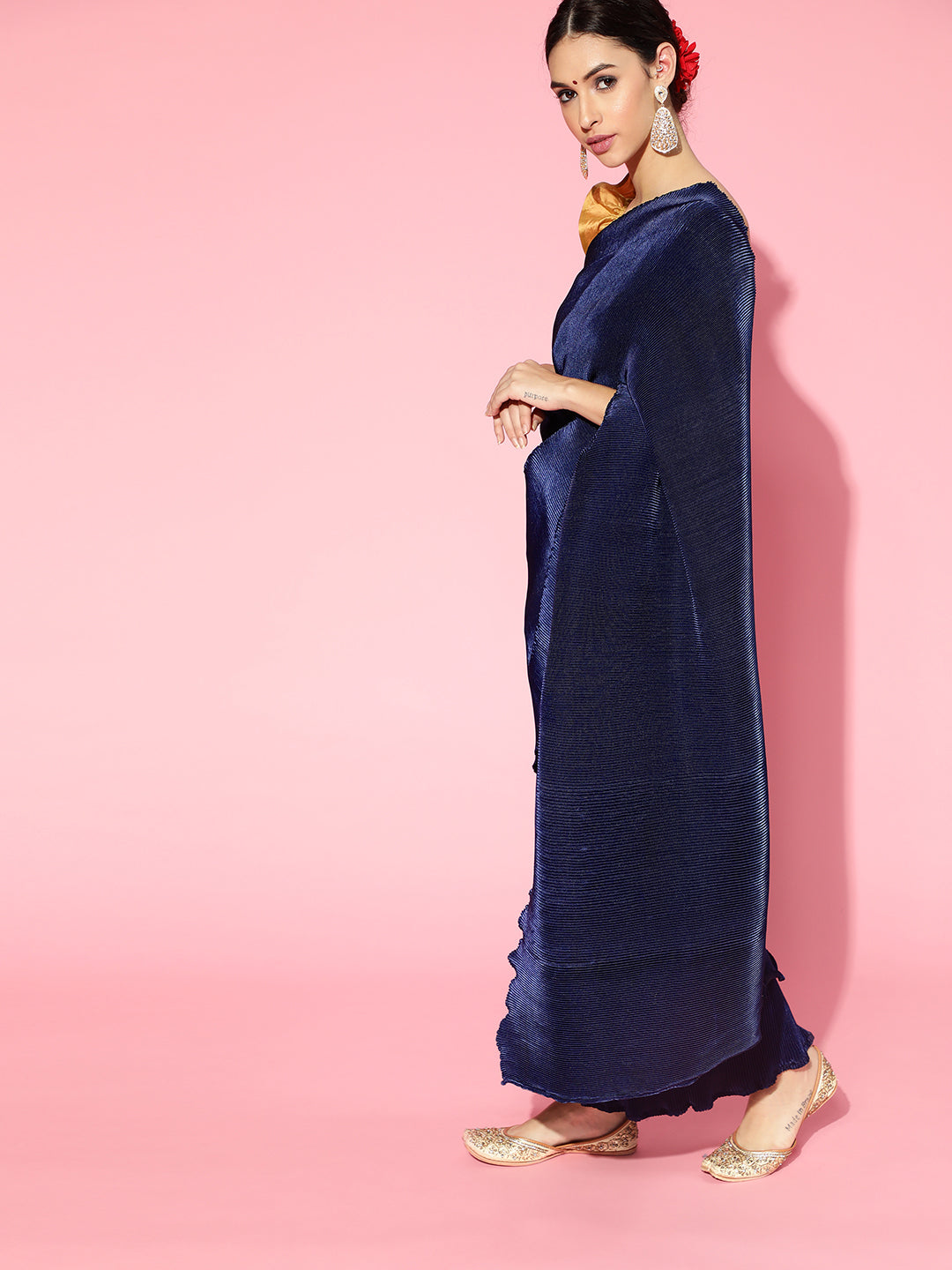 Navy Blue Pleated Sharara Saree
