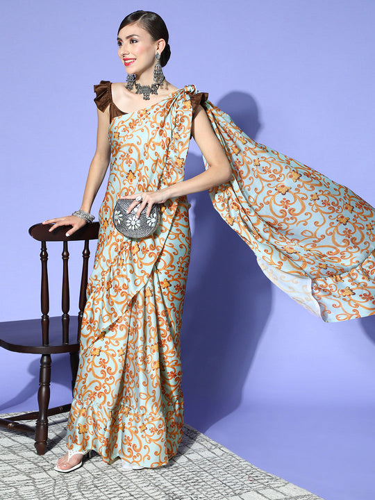 Sea Green Satin Floral Printed Frill Saree