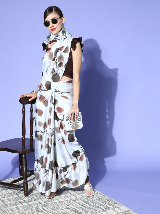 Off White Satin Leaf Printed Frill Saree