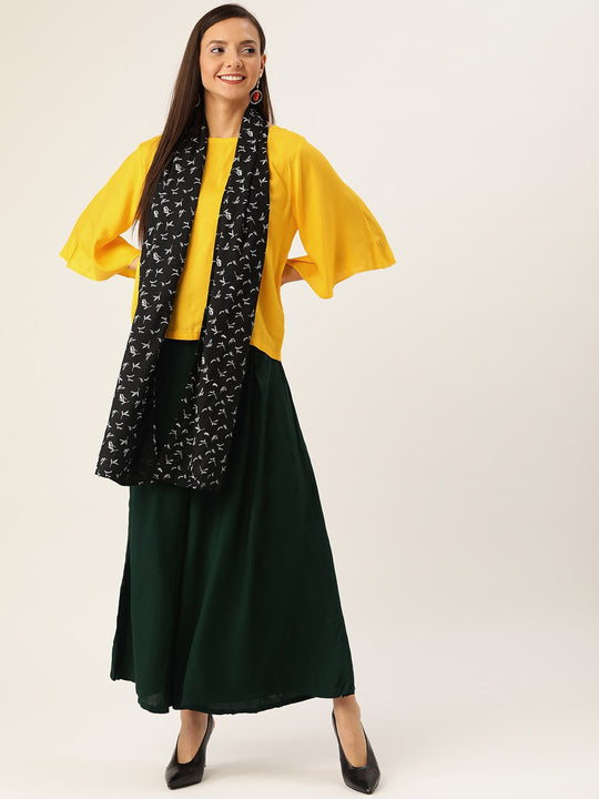 Yellow Green Top Bottom Set, Black Scarf