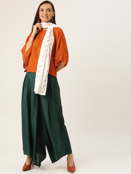 Orange Green Top Bottom Set, White Peach Scarf