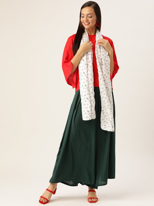 Red Green Top Bottom Set, White Black Scarf