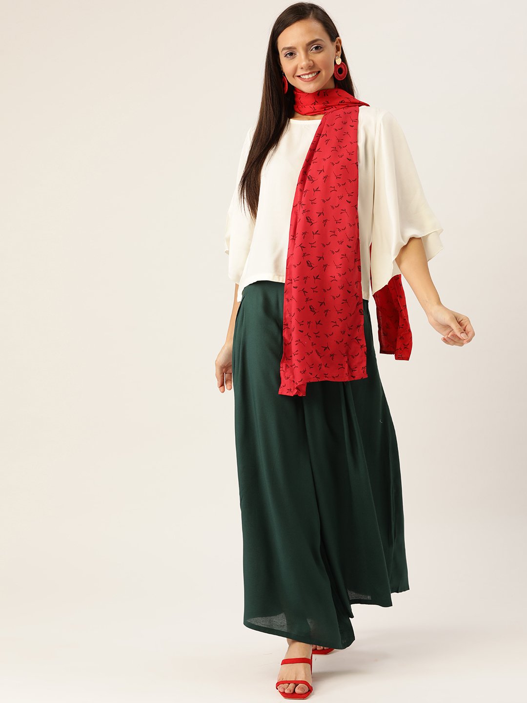 White Green Top Bottom Set, Red Scarf