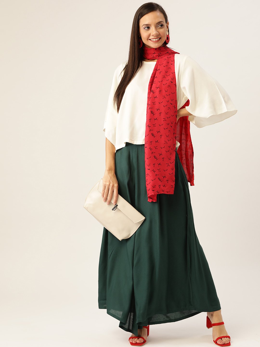 White Green Top Bottom Set, Red Scarf