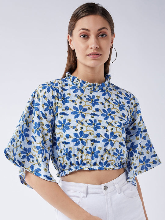 Cerulean Blue Bell Sleeves Crop Top