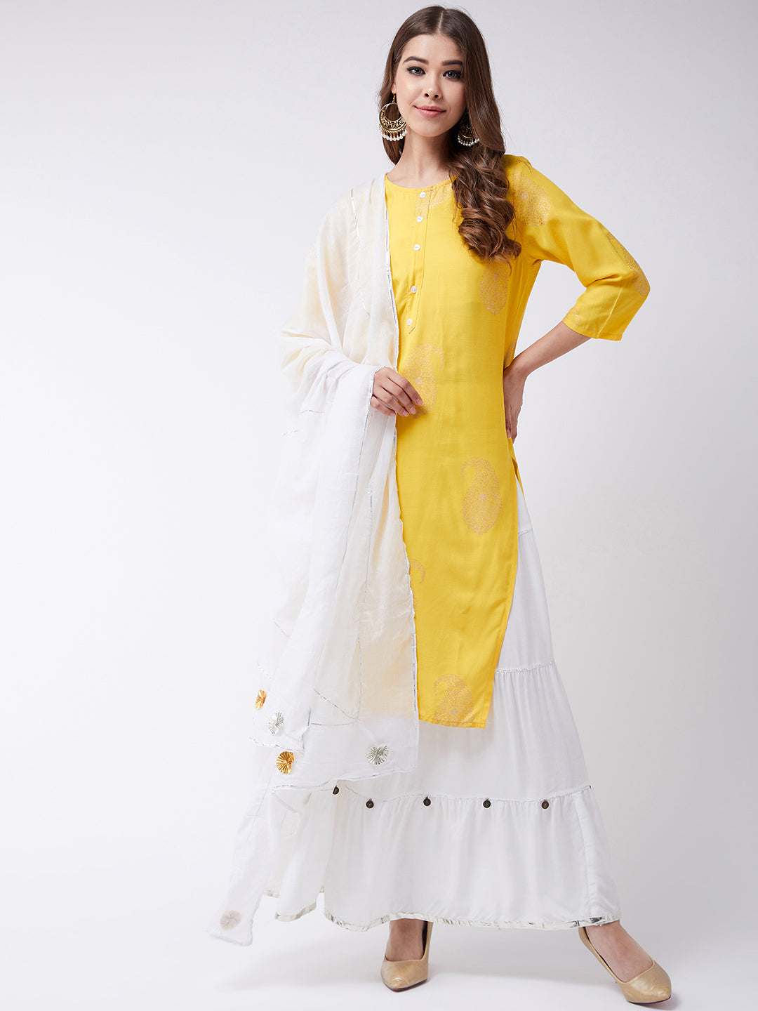 Yellow Aari Embroidered Georgette Kurti - Kashmir Origin