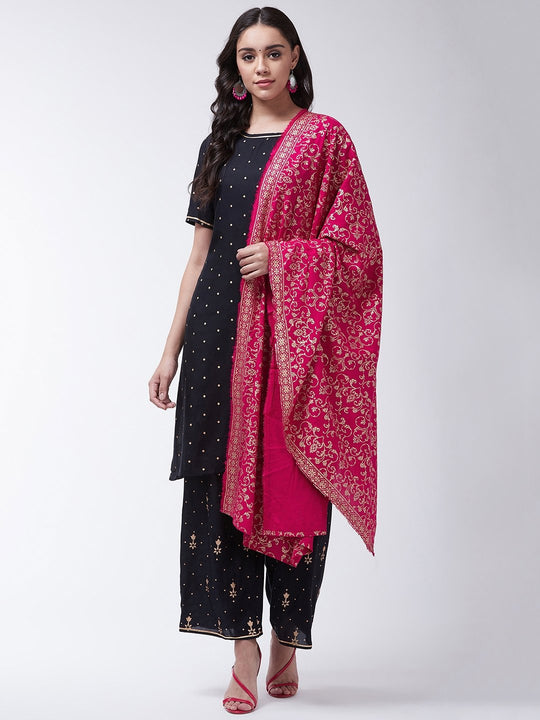 Black Gold Print Kurta Palazo Set With Magenta Dupatta