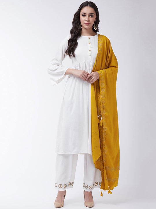 Off White Kurta - Bottom With Mustard Dupatta