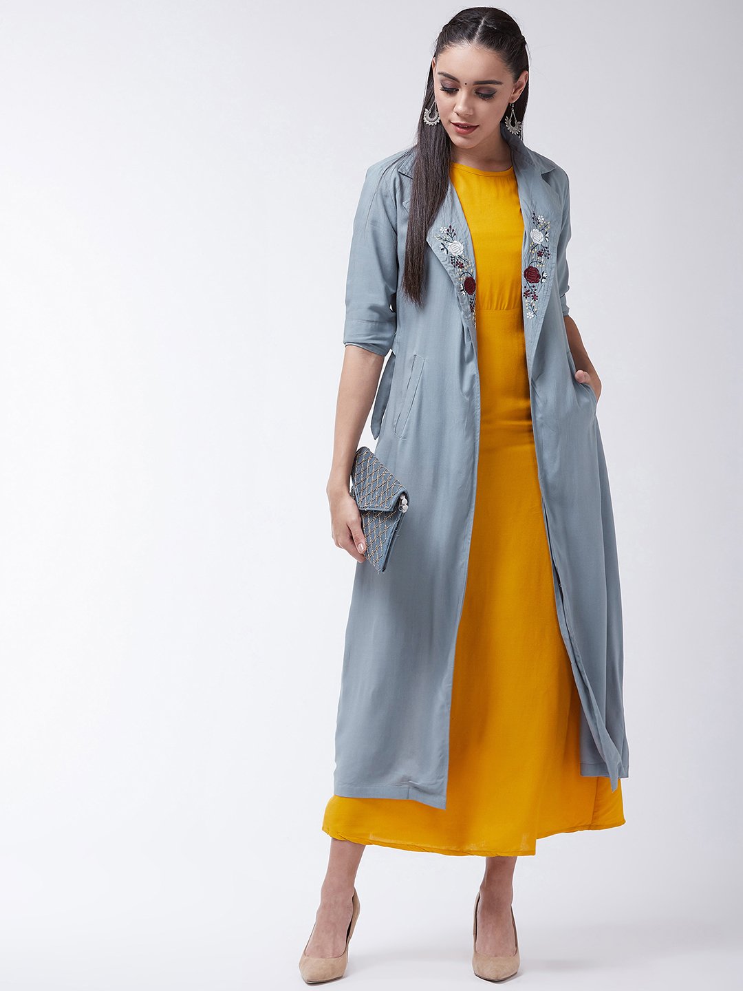 Mustard Dress With Grey Jacket