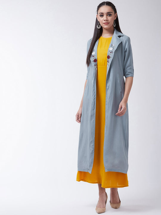 Mustard Dress With Grey Jacket