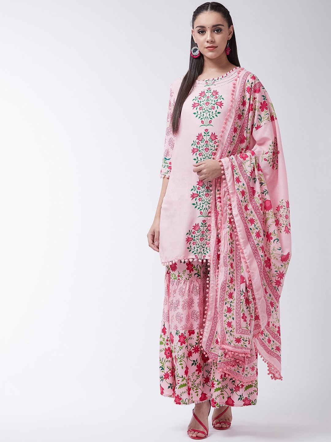 Pink Printed Kurta With Sharara And Dupatta Set