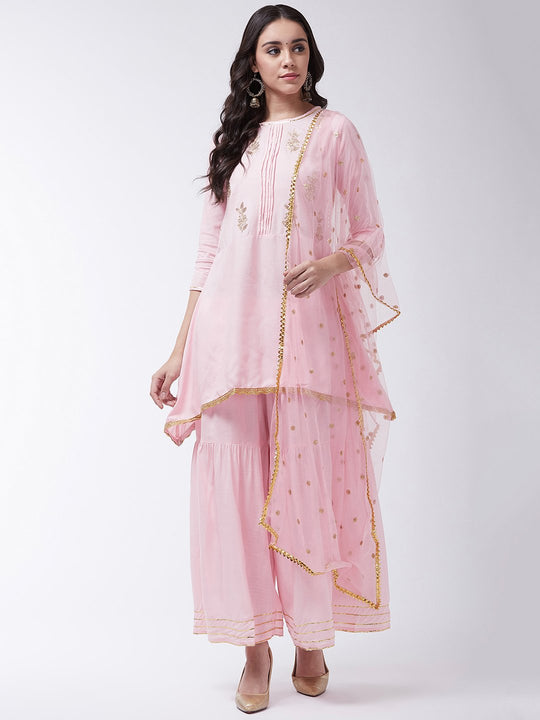 Pink Gotta Work Kurta Sharara With Net Dupatta
