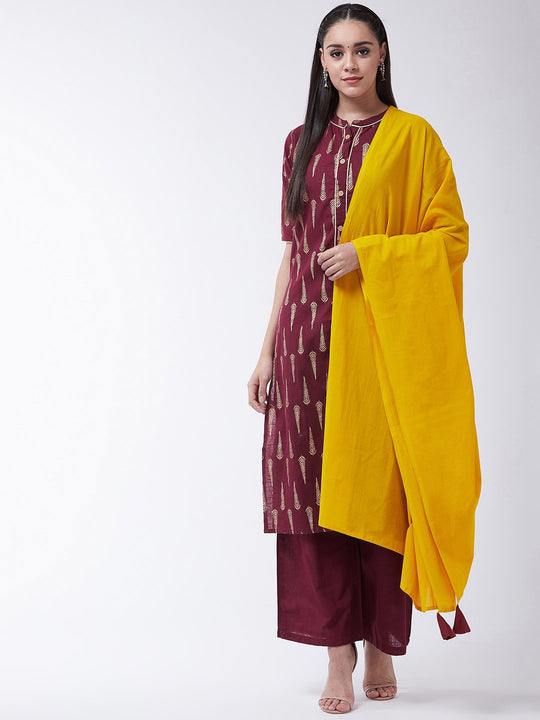 Maroon Gold Print Kurta Set With Mustard Tassel Dupatta