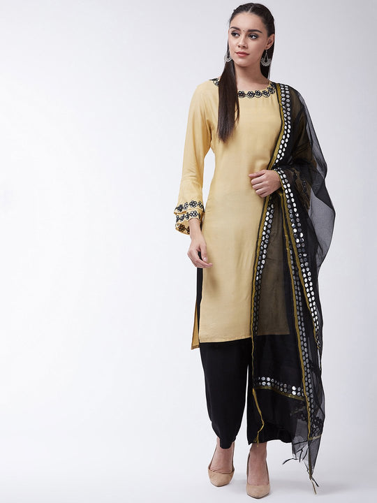 Mirror Work Beige Kurta With Black Dupatta And Palazo