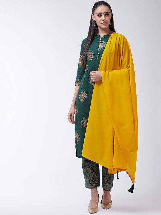 Bottle Green Gold Print Kurta Set With Mustard Tassel Dupatta