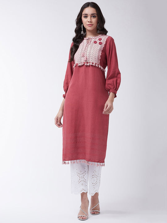 Onion Red Schiffli Chikan Work Kurta Set