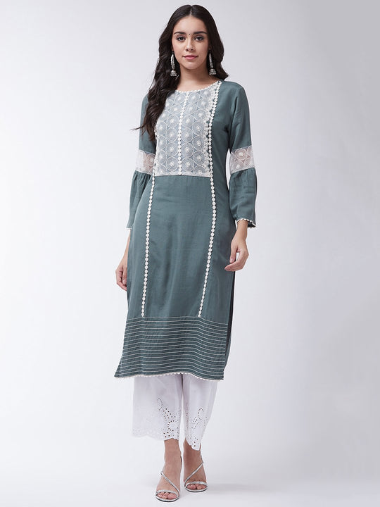 Dark Grey Schiffli Chikan Work Kurta Set