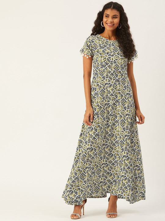 Printed Elegance In Off White And Green