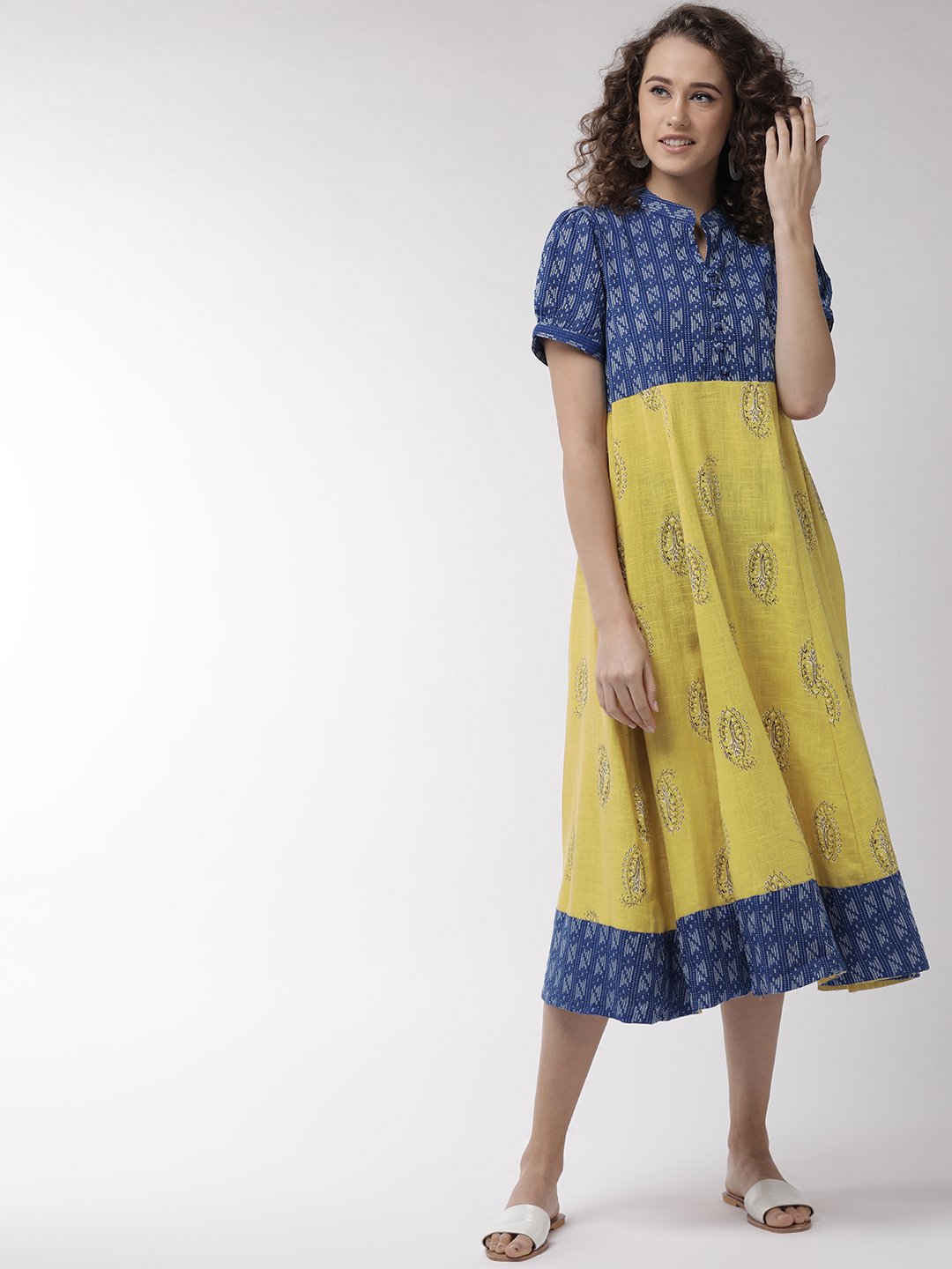 Blue with Mustard Prints Dress