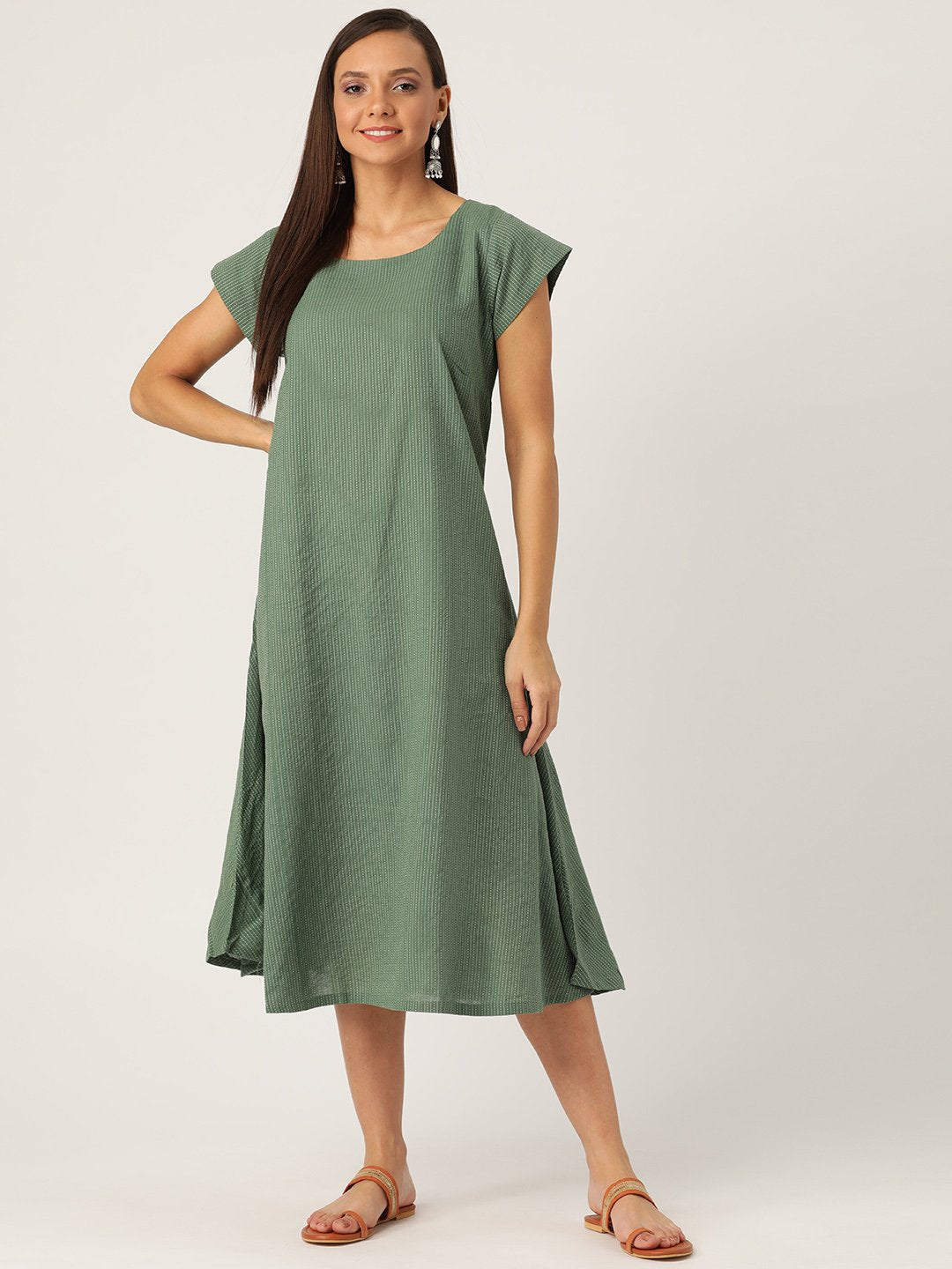 Dark Green Kantha A Line Dress