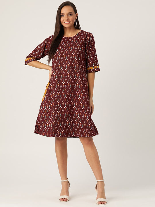 BROWN KANTHA IKKAT DRESS