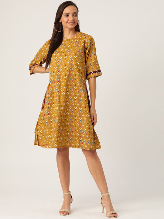 MUSTARD KANTHA IKKAT DRESS