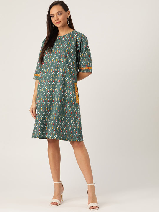 GREEN KANTHA IKKAT DRESS
